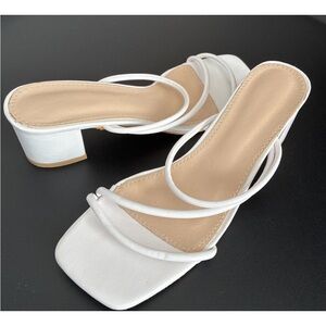 Woman's White Strappy Square Open Toe Block Heel Sandals Color White Size 7.5